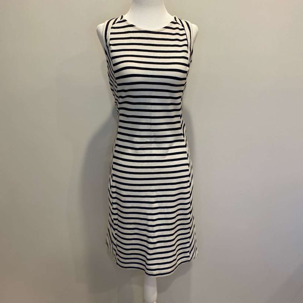Black and white striped sleeveless midi dress. Old Navy.